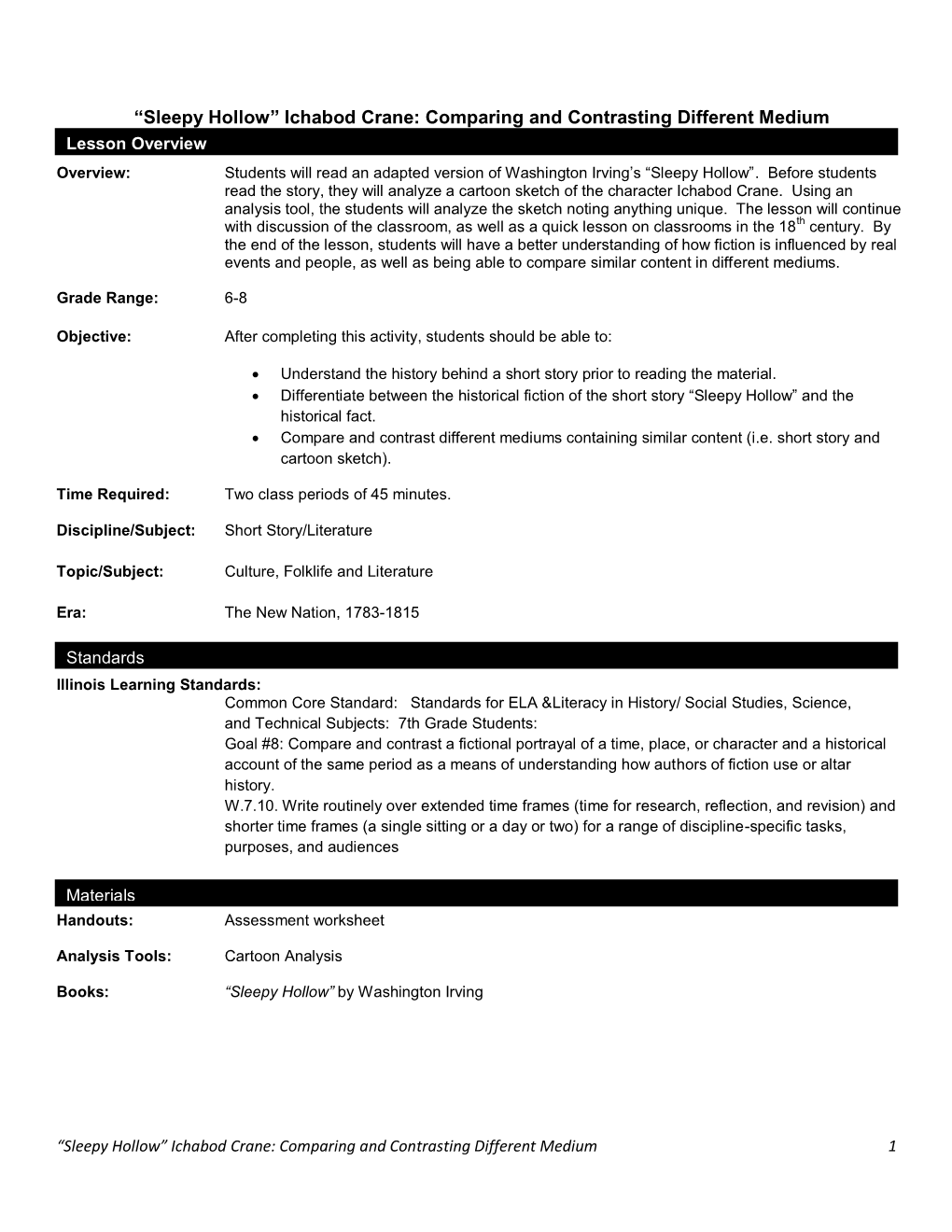 “Sleepy Hollow” Ichabod Crane: Comparing and Contrasting Different Medium Lesson Overview