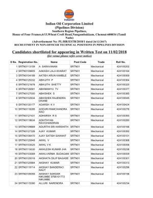 Candidates Shortlisted for Appearing in Written Test on 11/02/2018 (For Venue Please Refer Cover Notice)