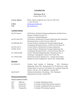 Curriculum Vitae Hod Lipson, Ph. D. (Updated March 2018)