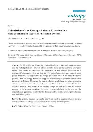 Calculation of the Entropy Balance Equation in a Non-Equilibrium Reaction-Diffusion System