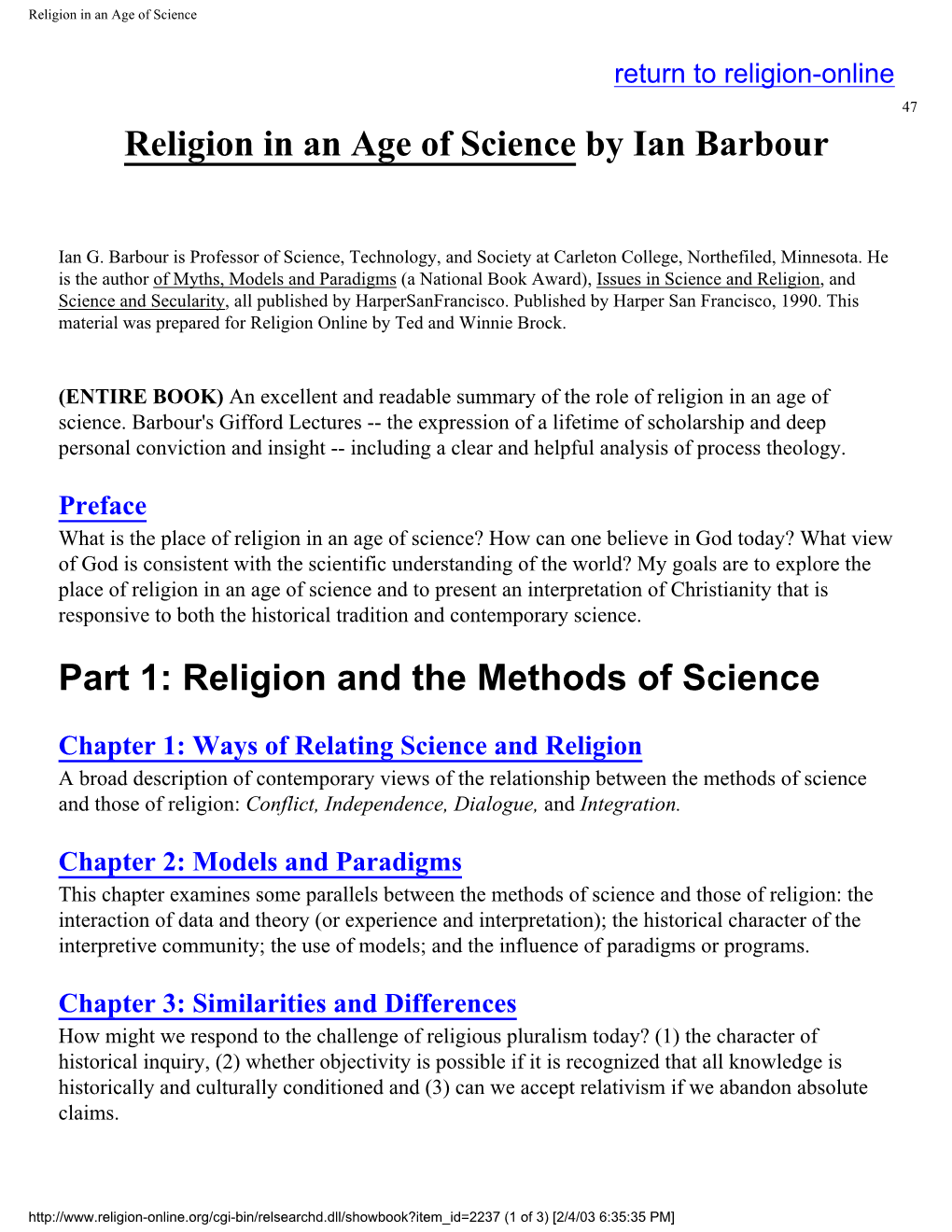 Religion in an Age of Science by Ian Barbour