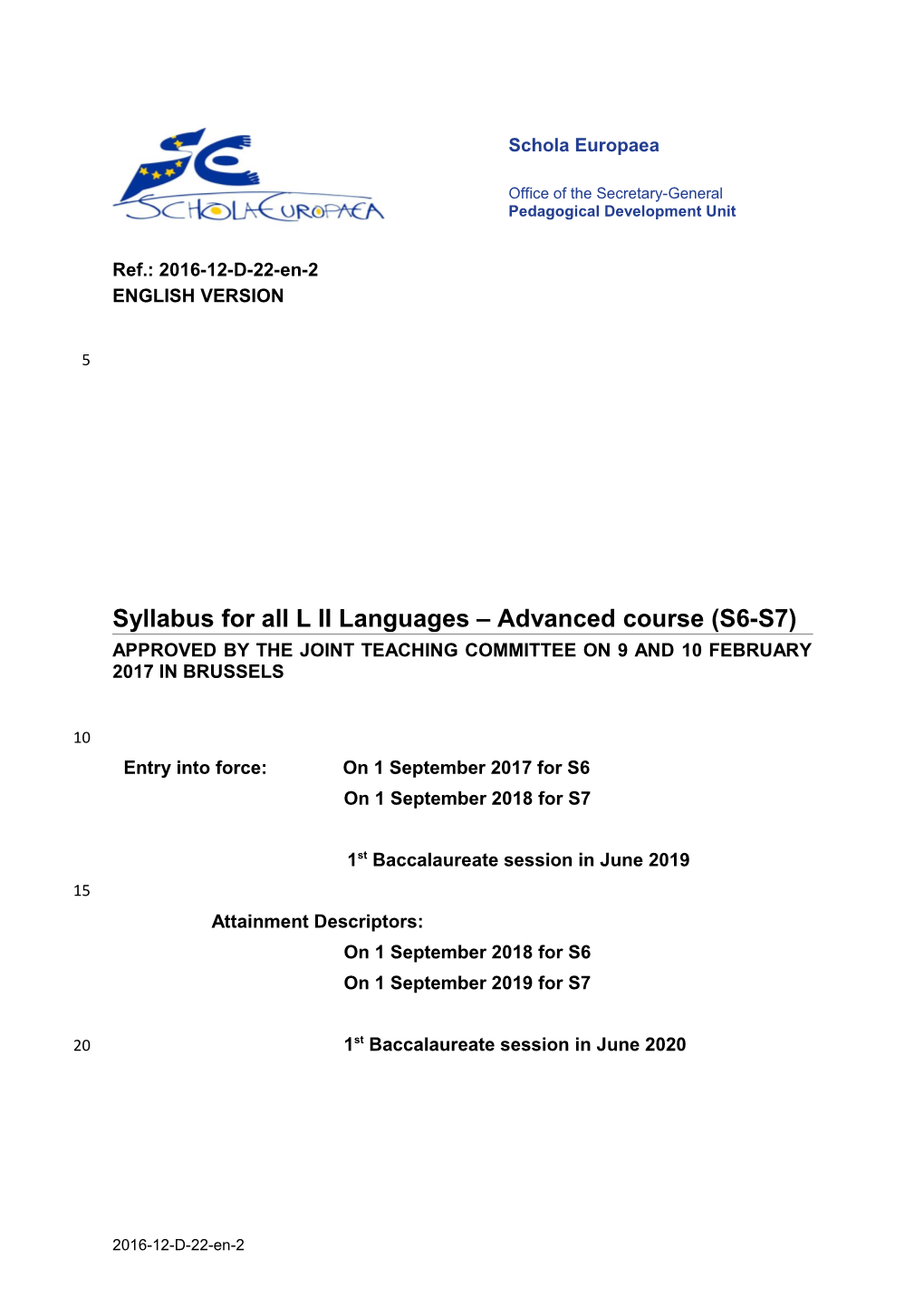 Syllabus for All L II Languages Advanced Course (S6-S7)