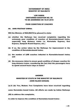 2/- Government of India Ministry of Railways Lok Sabha Unstarred Question No. 68 to Be Answered on 18.07.2018 Poor Condition