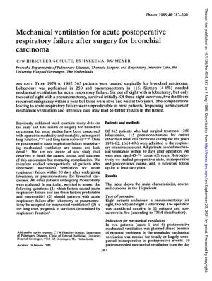 Mechanical Ventilation for Acute Postoperative Respiratory Failure After Surgery for Bronchial Carcinoma