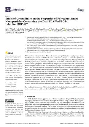 Effect of Crystallinity on the Properties of Polycaprolactone Nanoparticles Containing the Dual FLAP/Mpegs-1 Inhibitor BRP-187