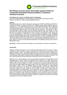 Bio-Efficacy of Some Newer Insecticides Against Uroleucon Compositae (Theobald) Infesting Safflower, Carthamus Tinctorius Linnaeus