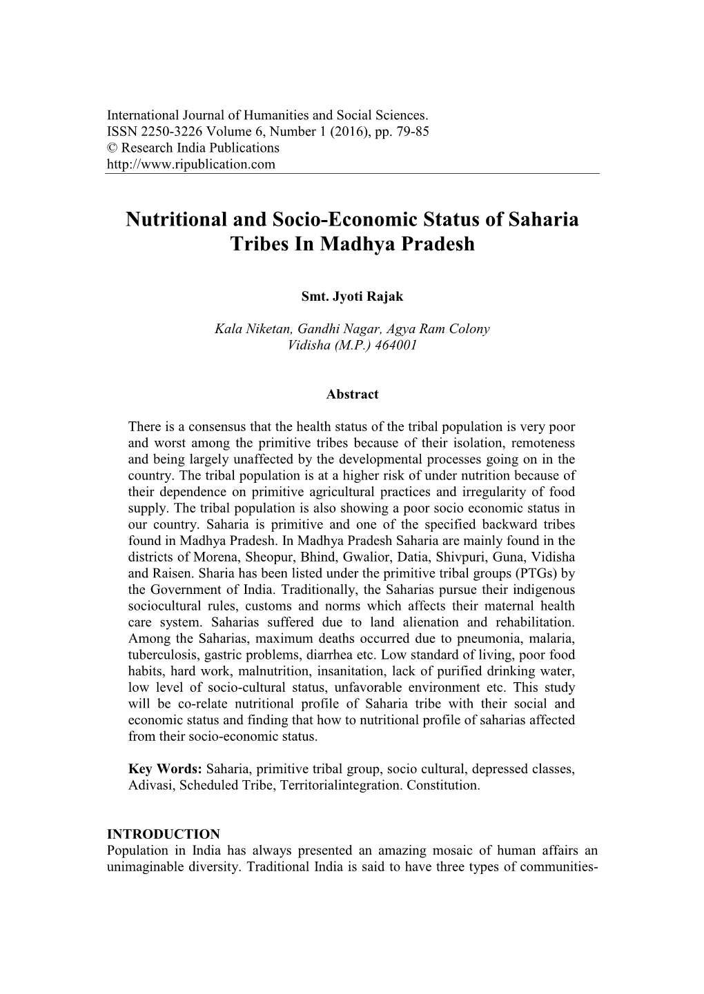 Nutritional and Socio-Economic Status of Saharia Tribes in Madhya Pradesh