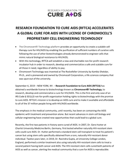 (Rftca) Accelerates a Global Cure for Aids with License of Chromocell’S Proprietary Cell Engineering Technology