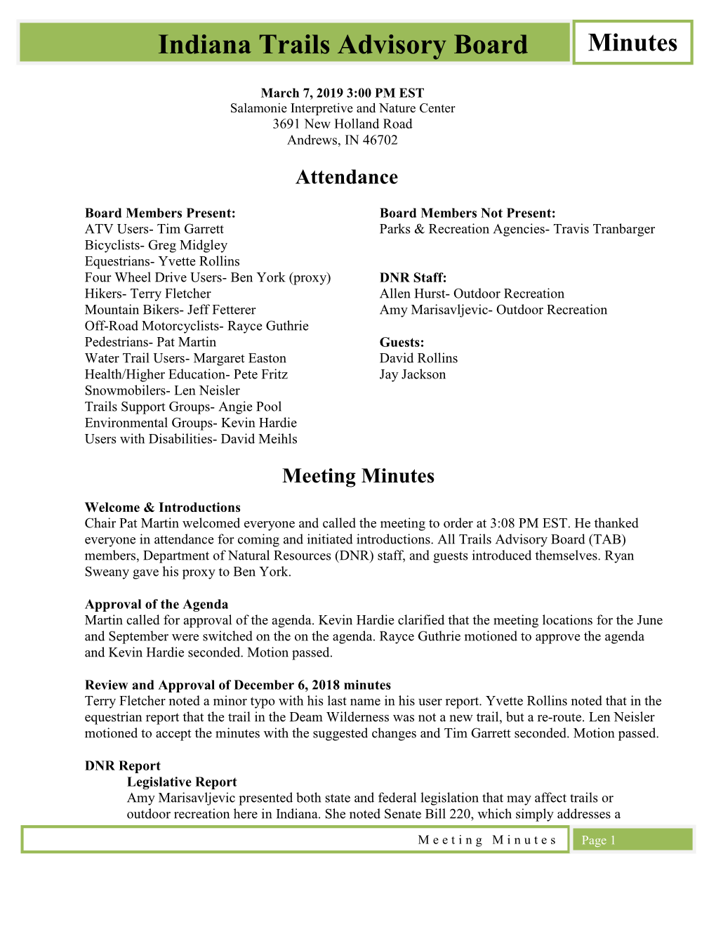 Indiana Trails Advisory Board Minutes