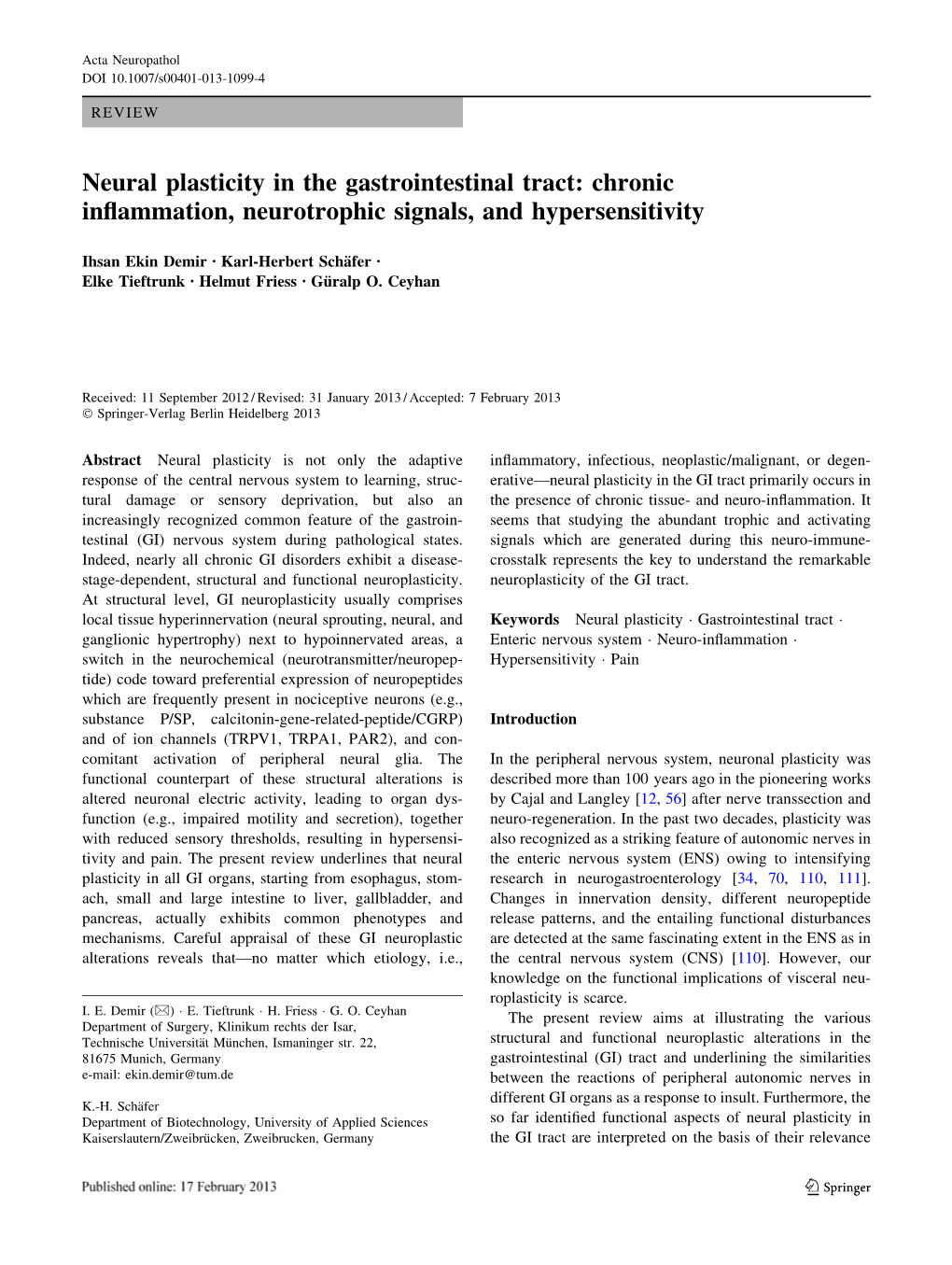 Neural Plasticity in the Gastrointestinal Tract: Chronic Inﬂammation, Neurotrophic Signals, and Hypersensitivity