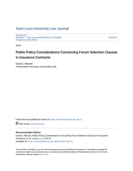 Public Policy Considerations Concerning Forum Selection Clauses in Insurance Contracts