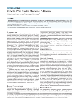 COVID-19 in Siddha Medicine: a Review JV Sabarianandh1, Lazer Bernaitis2, Kumarappan Manimekalai3