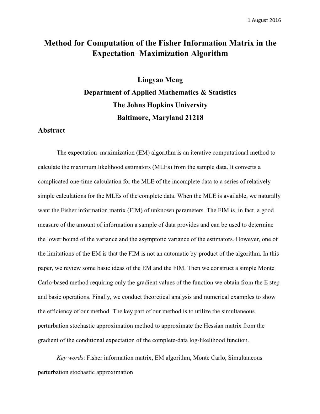 Method for Computation of the Fisher Information Matrix in the Expectation–Maximization Algorithm