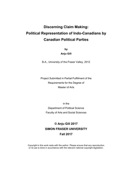 Discerning Claim Making: Political Representation of Indo-Canadians by Canadian Political Parties