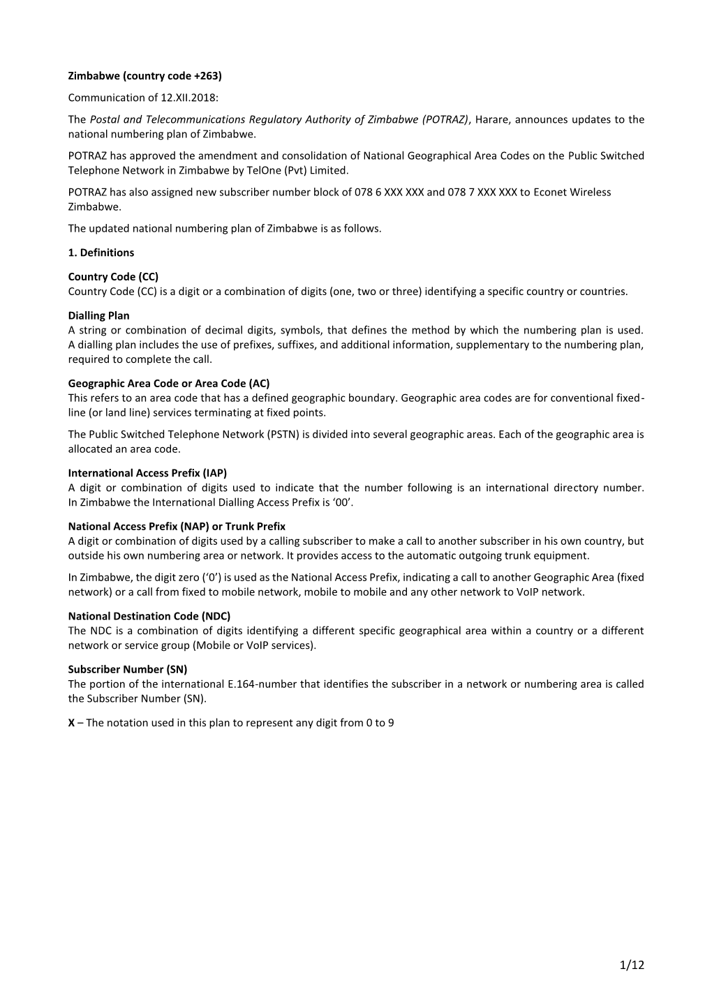 Zimbabwe (Country Code +263) Communication of 12.XII.2018