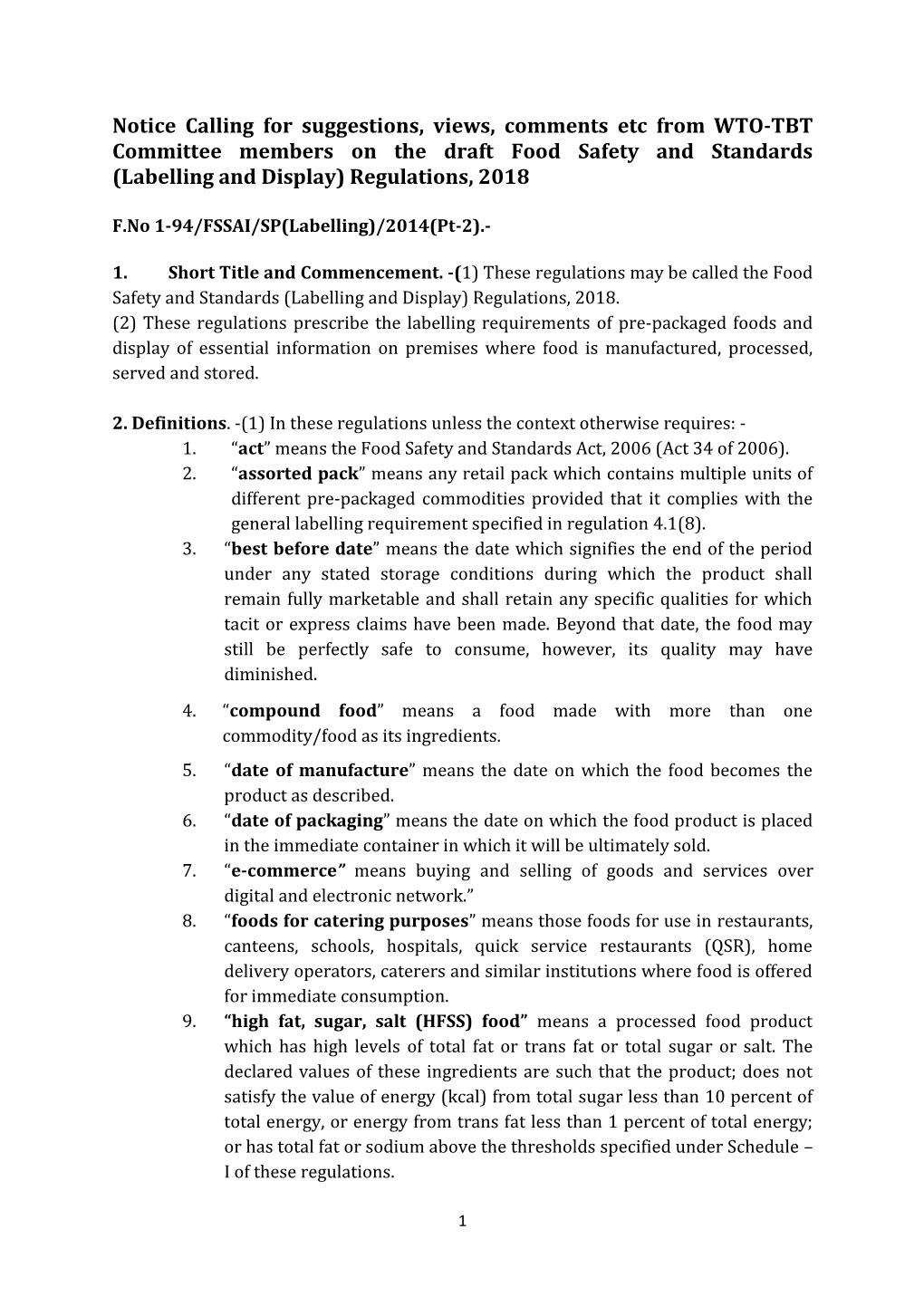 Notice Calling for Suggestions, Views, Comments Etc from WTO-TBT Committee Members on the Draft Food Safety and Standards (Labelling and Display) Regulations, 2018