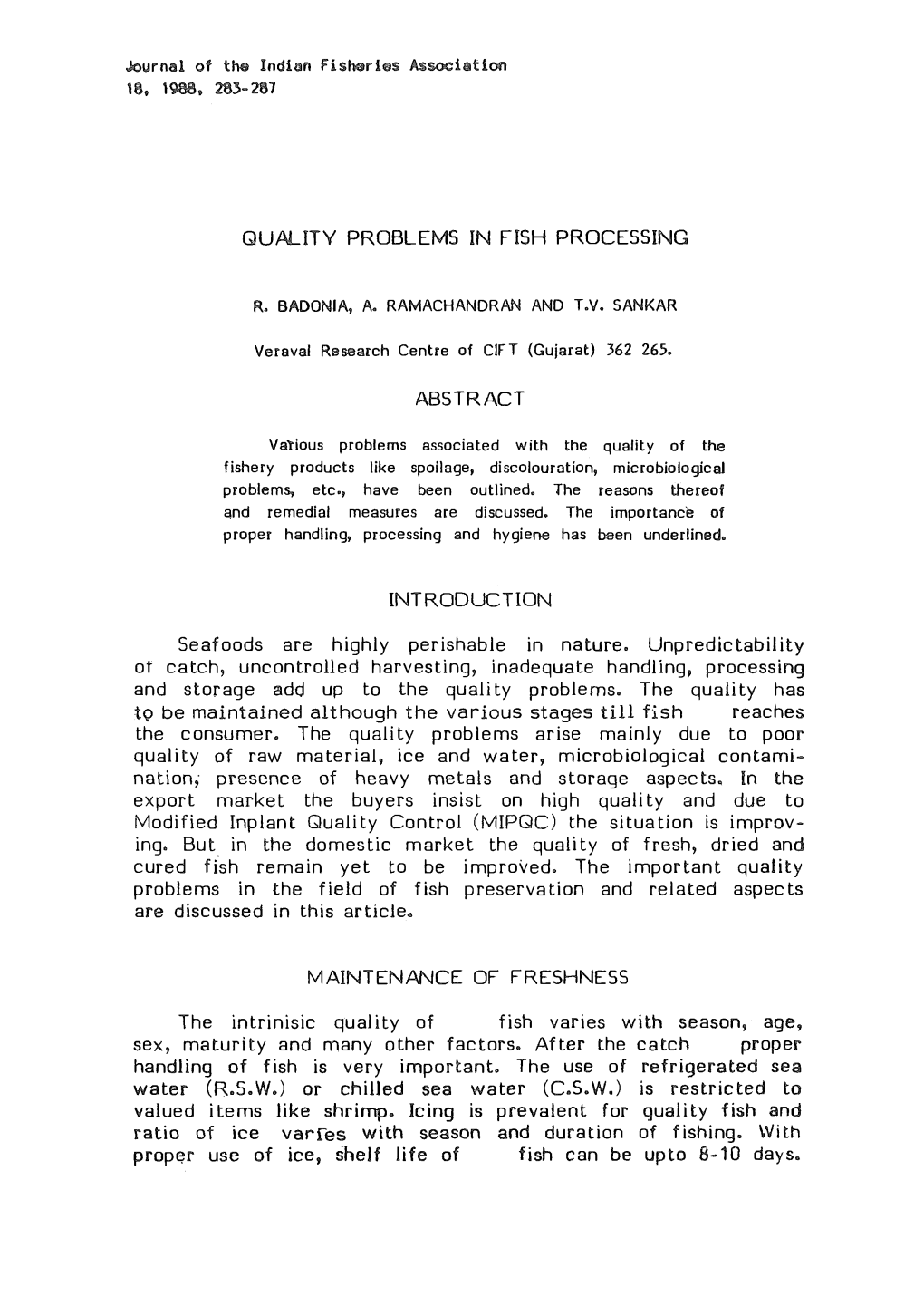 Quality Problems in Fish Processing