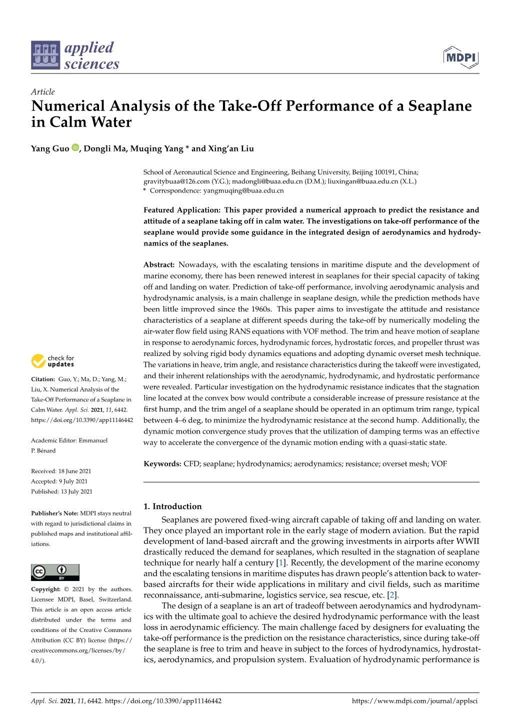 Numerical Analysis of the Take-Off Performance of a Seaplane in Calm Water