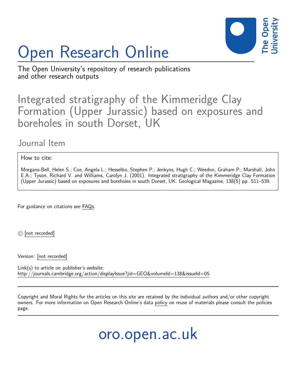 Integrated Stratigraphy of the Kimmeridge Clay Formation (Upper Jurassic) Based on Exposures and Boreholes in South Dorset, UK Journal Item