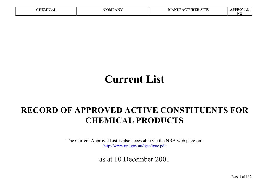 Current List. RECORD of APPROVED ACTIVE CONSTITUENTS for CHEMICAL PRODUCTS