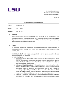 Louisiana State University Department of Residential Life Employee Dress/Uniform Policy RLOP