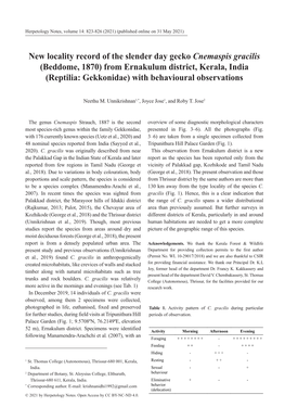 New Locality Record of the Slender Day Gecko Cnemaspis Gracilis (Beddome, 1870) from Ernakulum District, Kerala, India (Reptilia