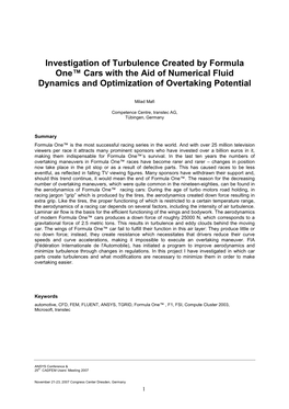 Investigation of Turbulence Created by Formula One™ Cars with the Aid of Numerical Fluid Dynamics and Optimization of Overtaking Potential