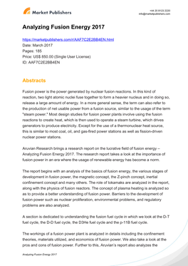 Analyzing Fusion Energy 2017 Date: March 2017 Pages: 185 Price: US$ 850.00 (Single User License) ID: AAF7C2E2BB4EN
