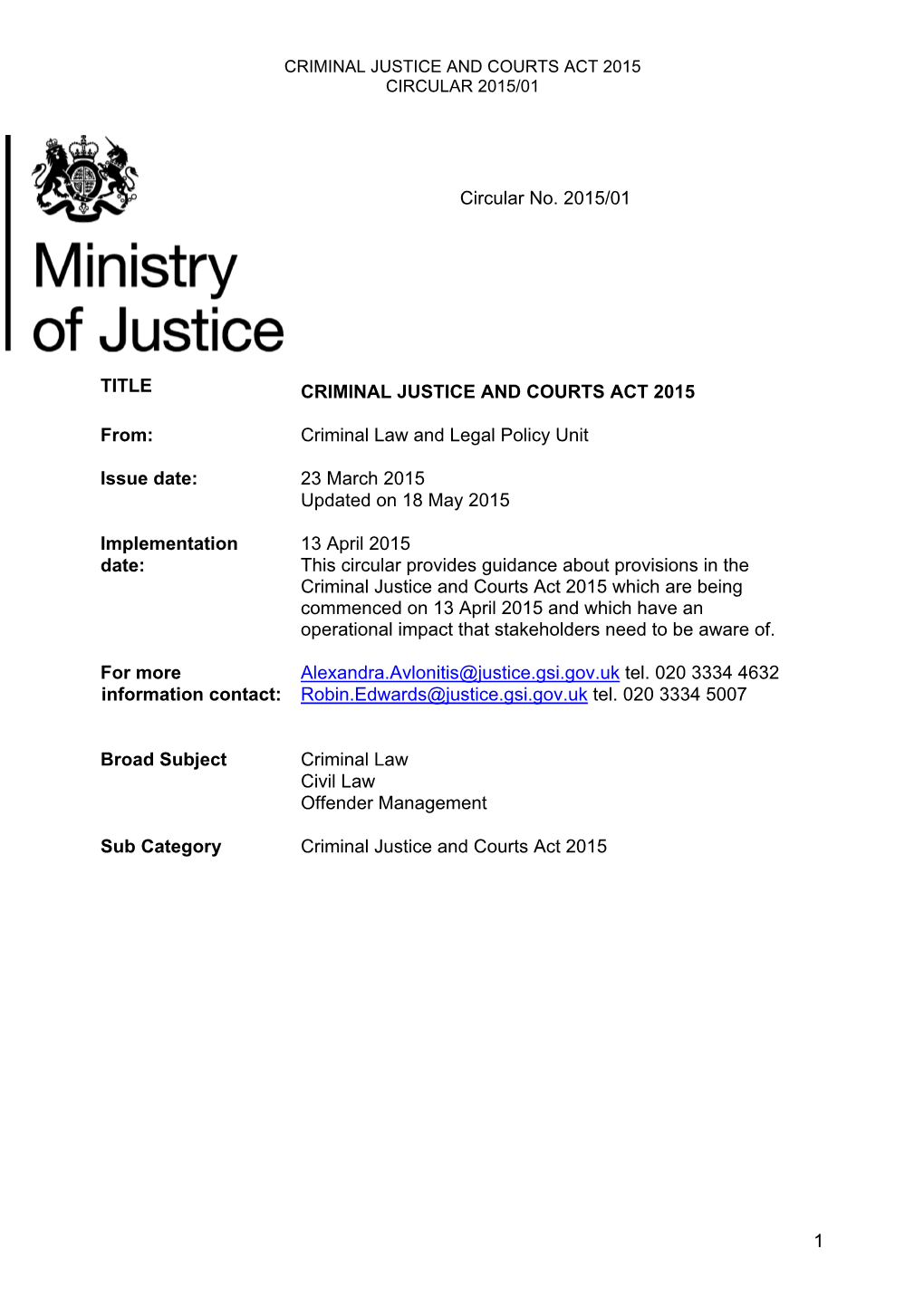 Criminal Justice and Courts Act 2015 Circular 2015/01