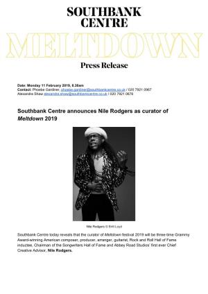 Southbank Centre Announces Nile Rodgers As Curator of Meltdown 2019 ​