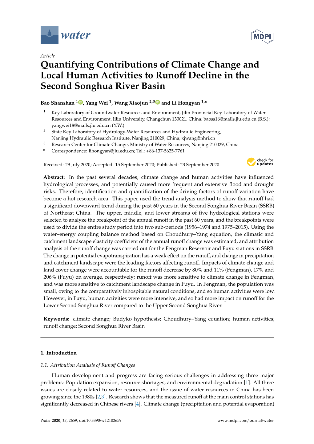 Quantifying Contributions of Climate Change and Local Human Activities to Runoﬀ Decline in the Second Songhua River Basin