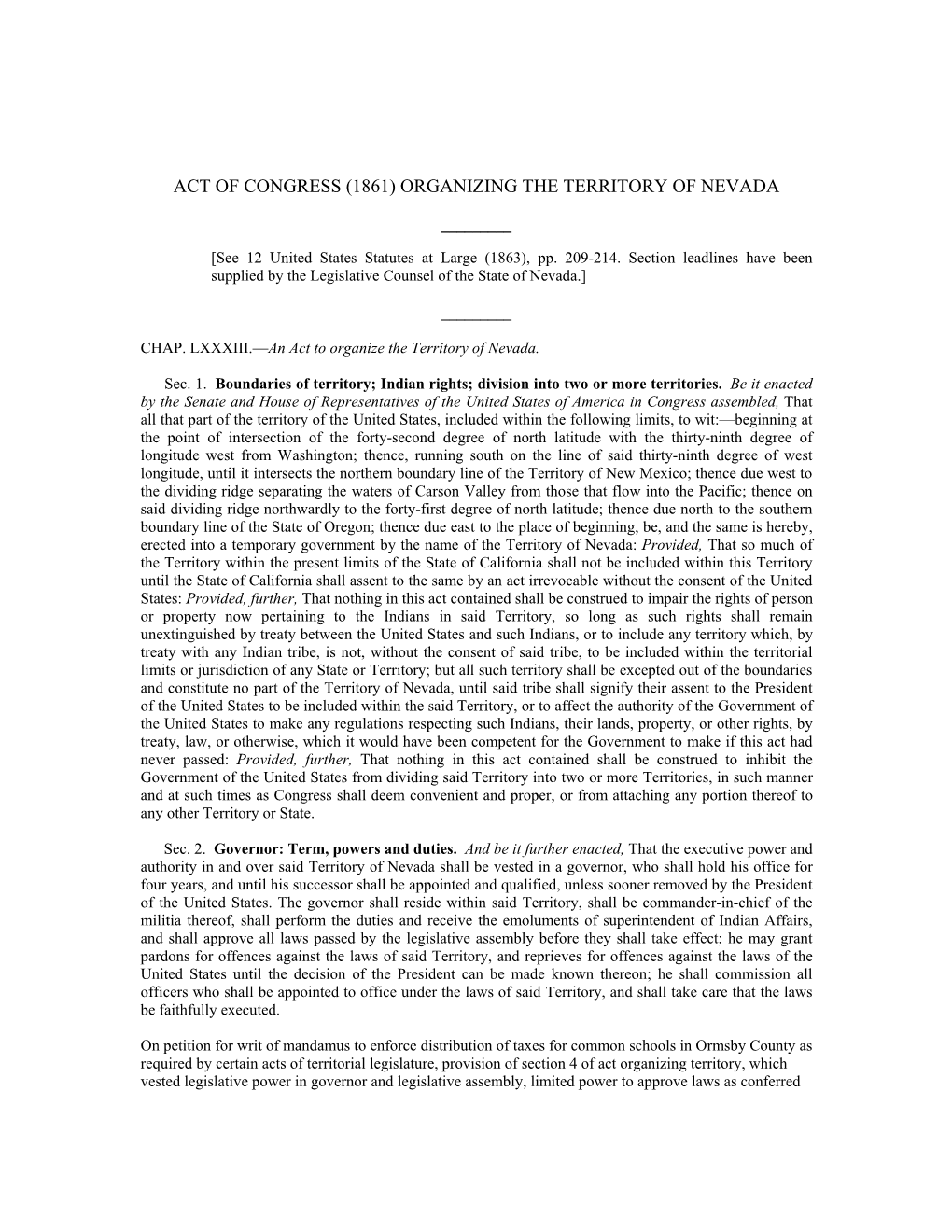 Act of Congress (1861) Organizing the Territory of Nevada