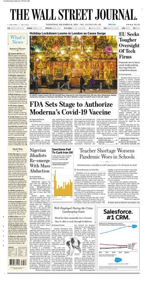 FDA Sets Stage to Authorize Moderna's Covid-19 Vaccine