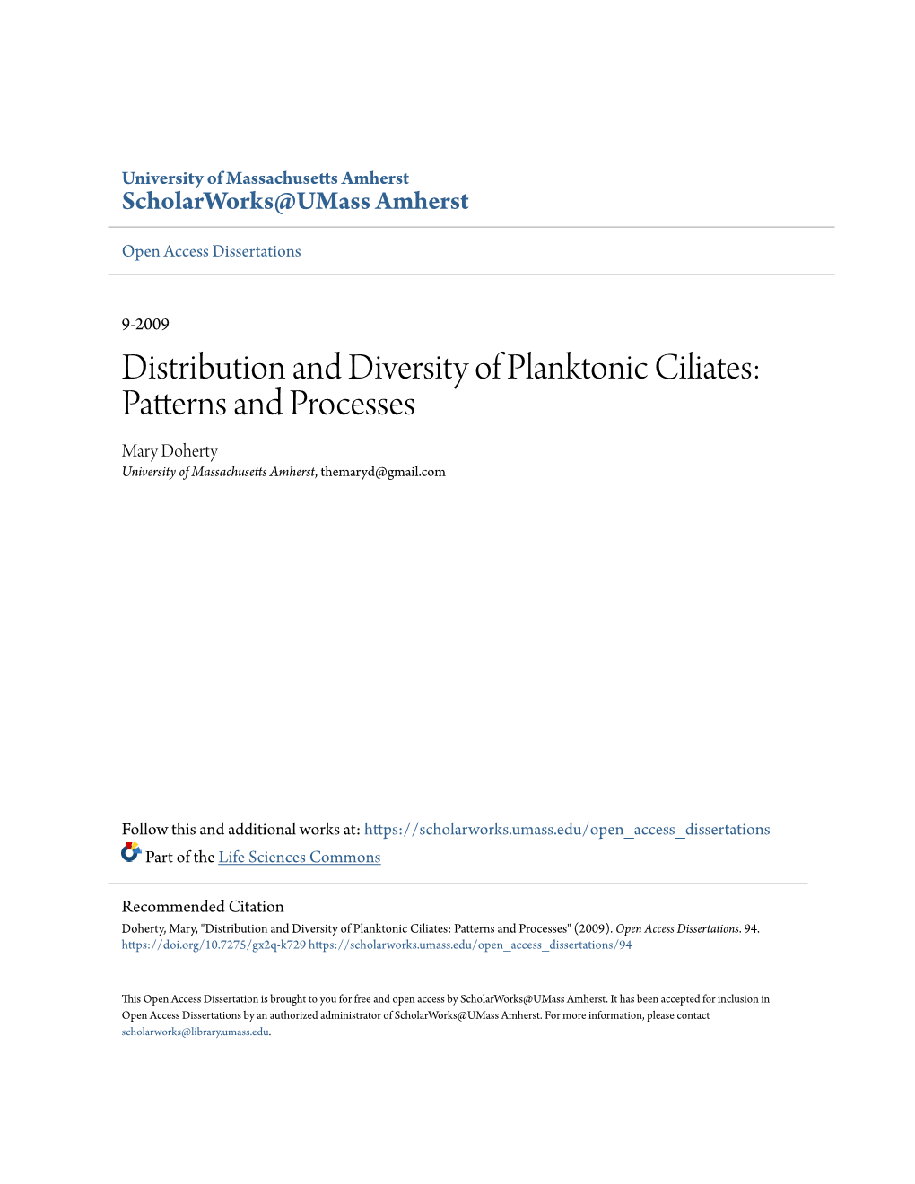 Distribution and Diversity of Planktonic Ciliates: Patterns and Processes Mary Doherty University of Massachusetts Amherst, Themaryd@Gmail.Com