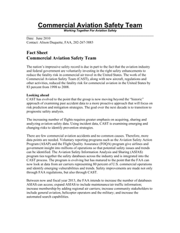 Commercial Aviation Safety Team Working Together for Aviation Safety ______Date: June 2010 Contact: Alison Duquette, FAA, 202-267-3883