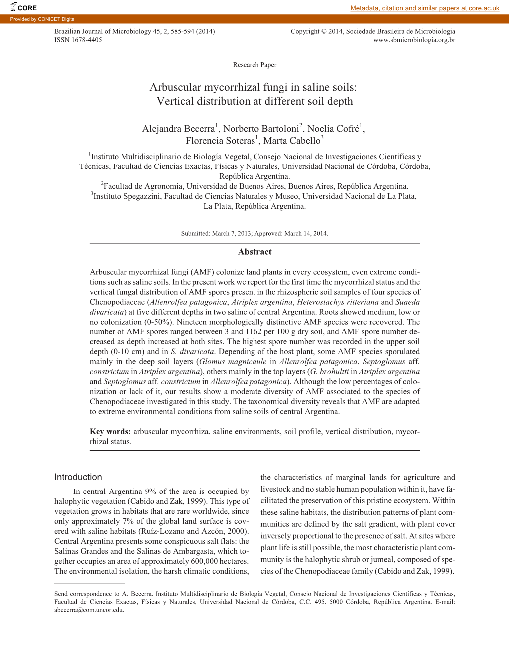 Arbuscular Mycorrhizal Fungi in Saline Soils: Vertical Distribution at Different Soil Depth