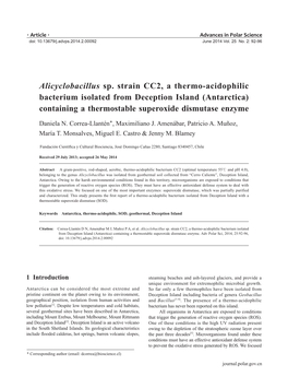 Alicyclobacillus Sp. Strain CC2, a Thermo-Acidophilic Bacterium Isolated from Deception Island (Antarctica) Containing a Thermostable Superoxide Dismutase Enzyme