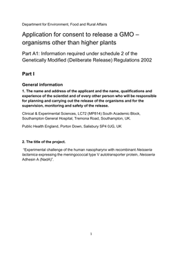 Application for Consent to Release a GMO – Organisms Other Than Higher Plants
