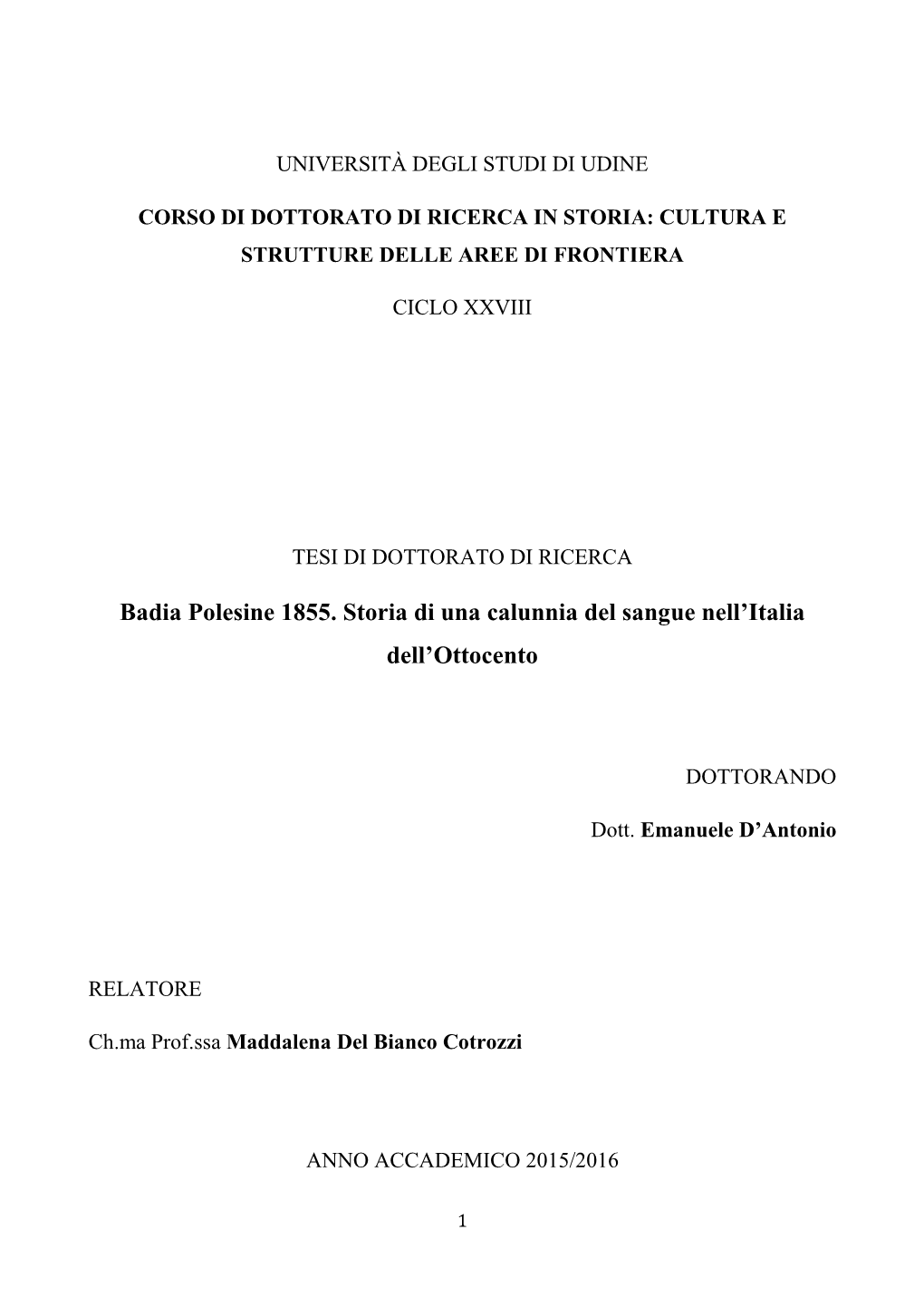 Badia Polesine 1855. Storia Di Una Calunnia Del Sangue Nell'italia Dell