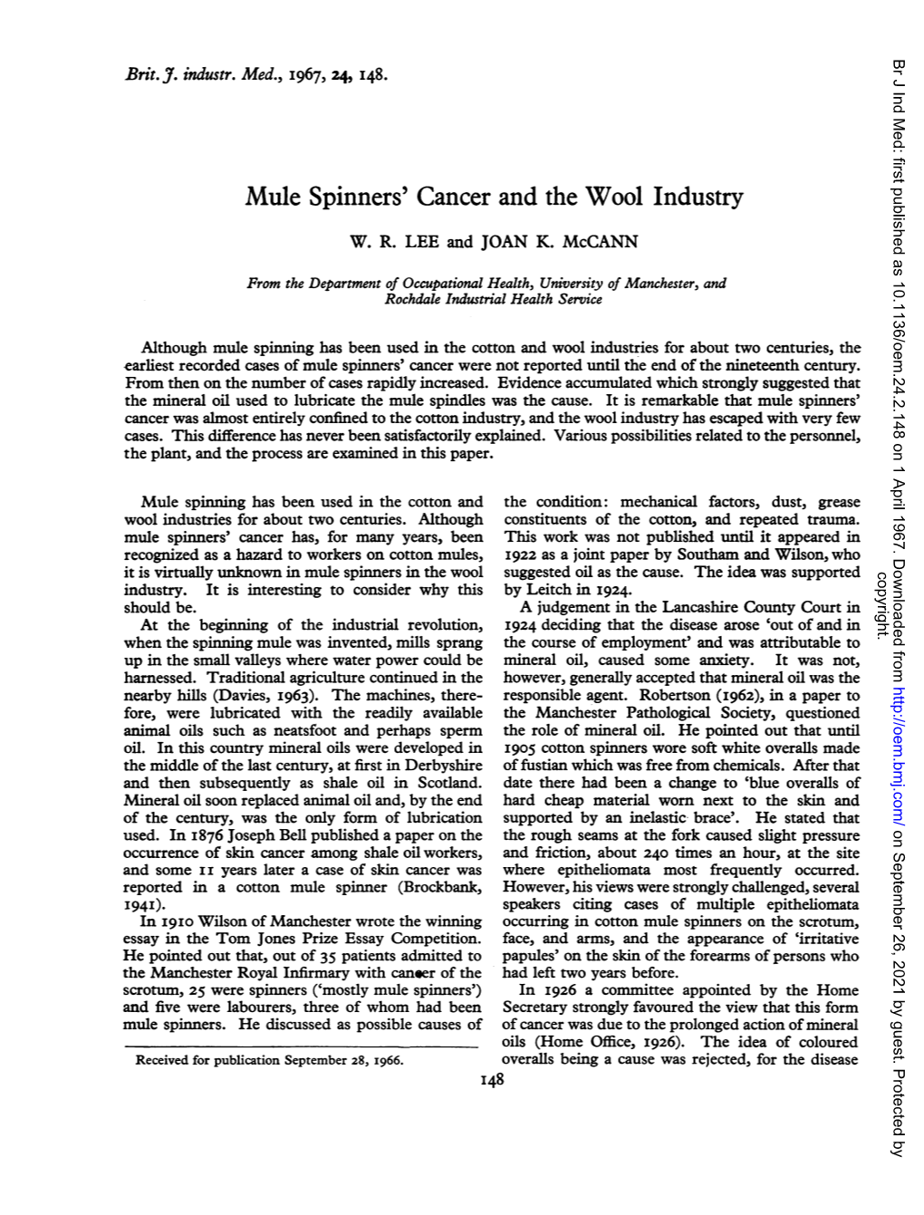 Mule Spinners' Cancer and the Wool Industry W