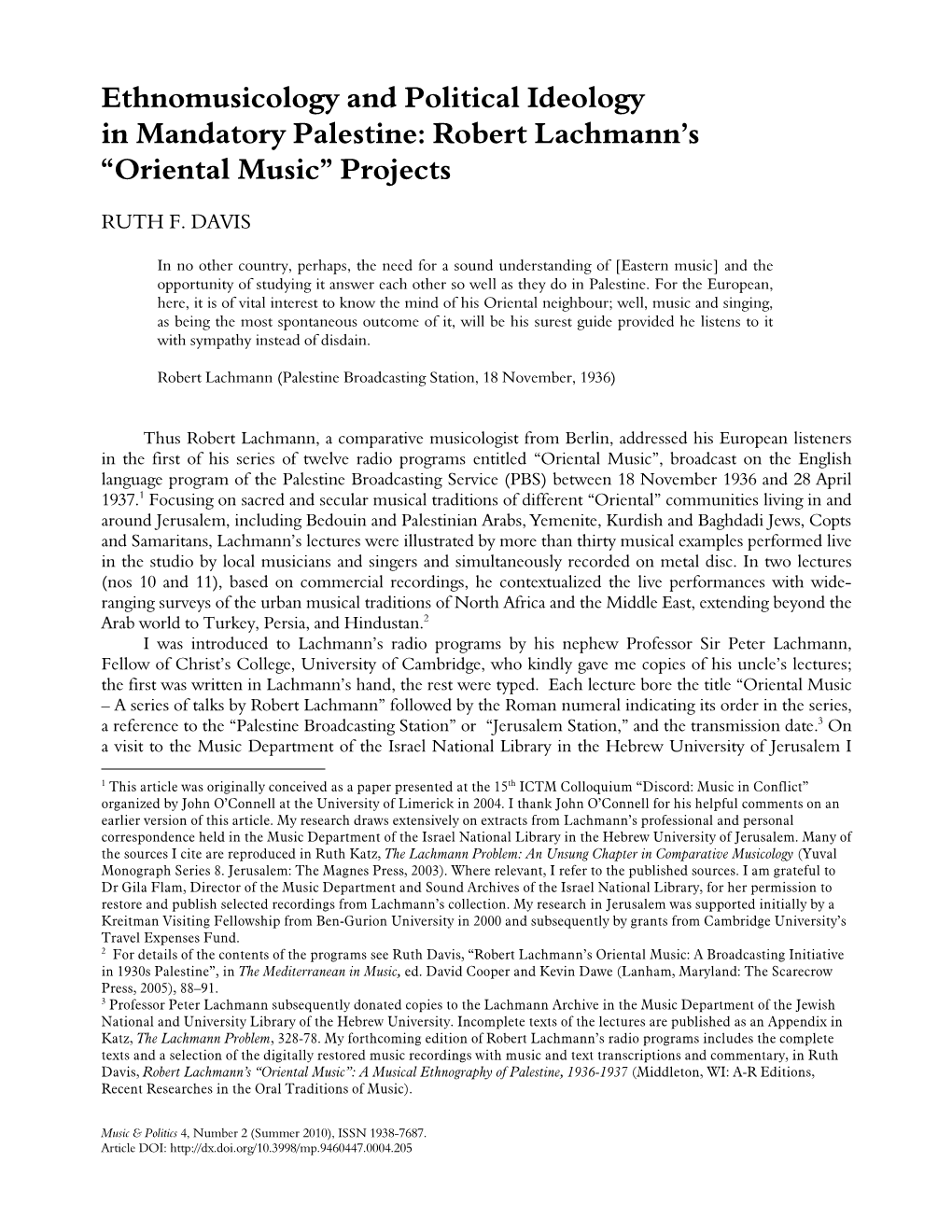 Ethnomusicology and Political Ideology in Mandatory Palestine: Robert Lachmann's “Oriental Music” Projects