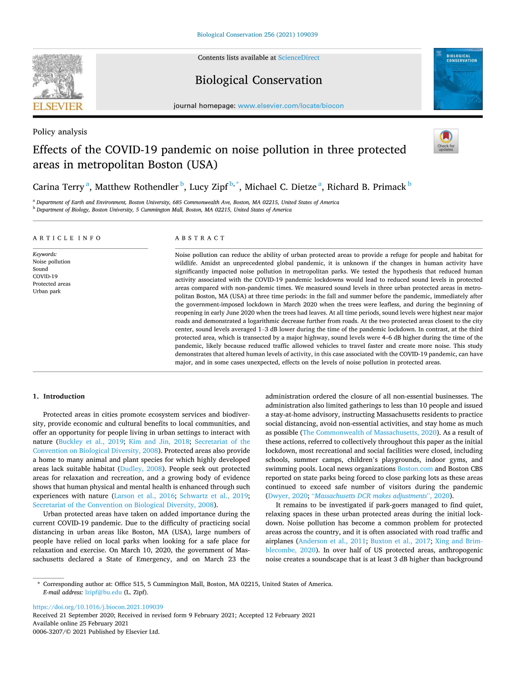 Effects of the COVID-19 Pandemic on Noise Pollution in Three Protected Areas in Metropolitan Boston (USA)