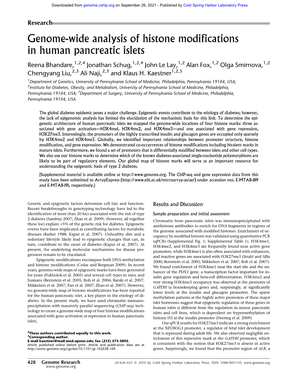 Genome-Wide Analysis of Histone Modifications in Human Pancreatic Islets