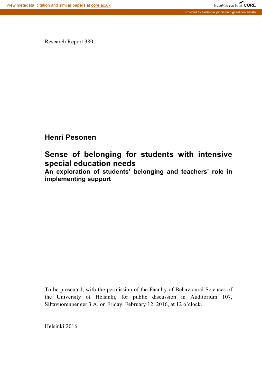 Sense of Belonging for Students with Intensive Special Education Needs an Exploration of Students’ Belonging and Teachers’ Role in Implementing Support