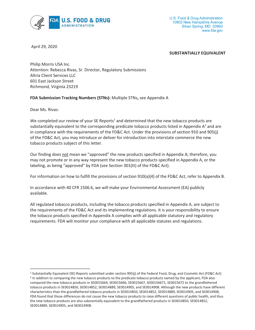 Substantially Equivalent Letter from FDA CTP to Philip Morris USA