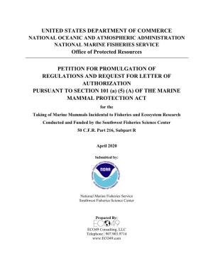 Request for Letter of Authorization for the Taking of Marine Mammals