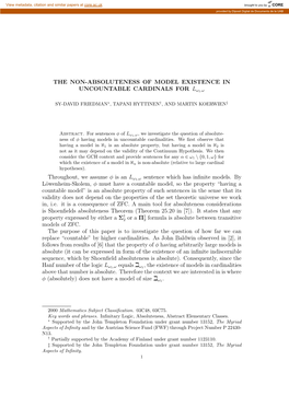 THE NON-ABSOLUTENESS of MODEL EXISTENCE in UNCOUNTABLE CARDINALS for Lω1,Ω Throughout, We Assume Φ Is an L Ω1,Ω Sentence Wh