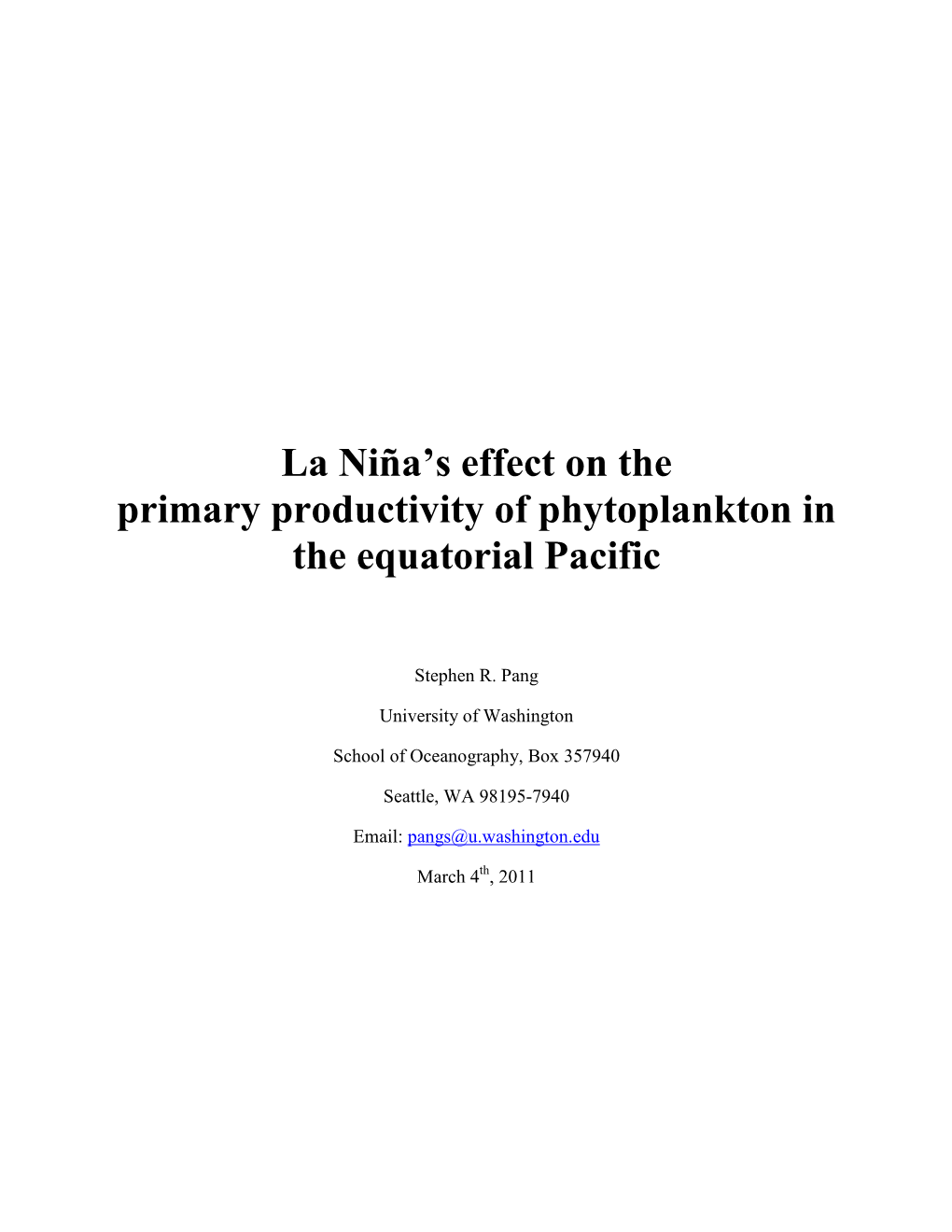La Niña's Effect on the Primary Productivity of Phytoplankton in The
