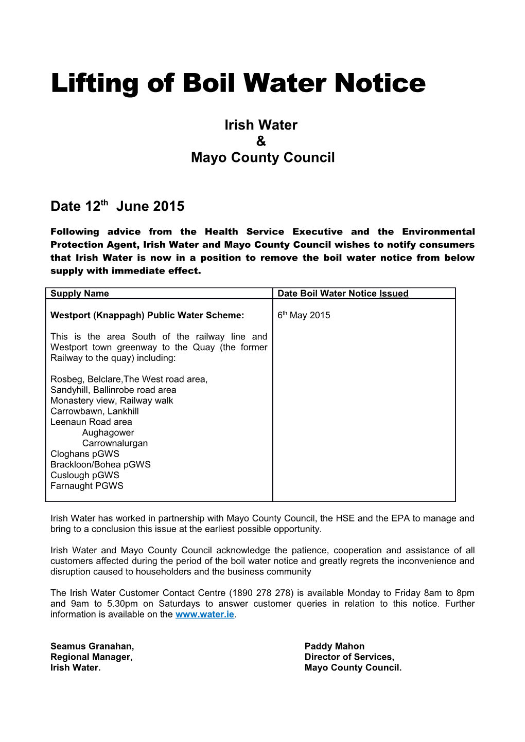 Lifting of Boil Water Notice