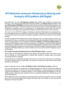 SITI Networks Announce Infrastructure Sharing with Hinduja's HITS Platform Nxtdigital